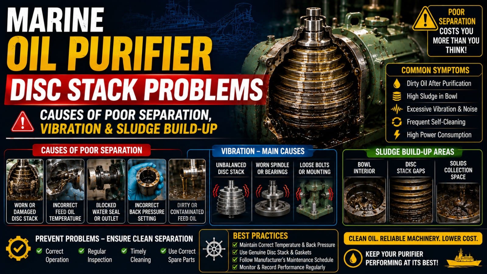 Marine Oil Purifier Disc Stack Problems: Causes of Poor Separation, Vibration & Sludge Build-Up